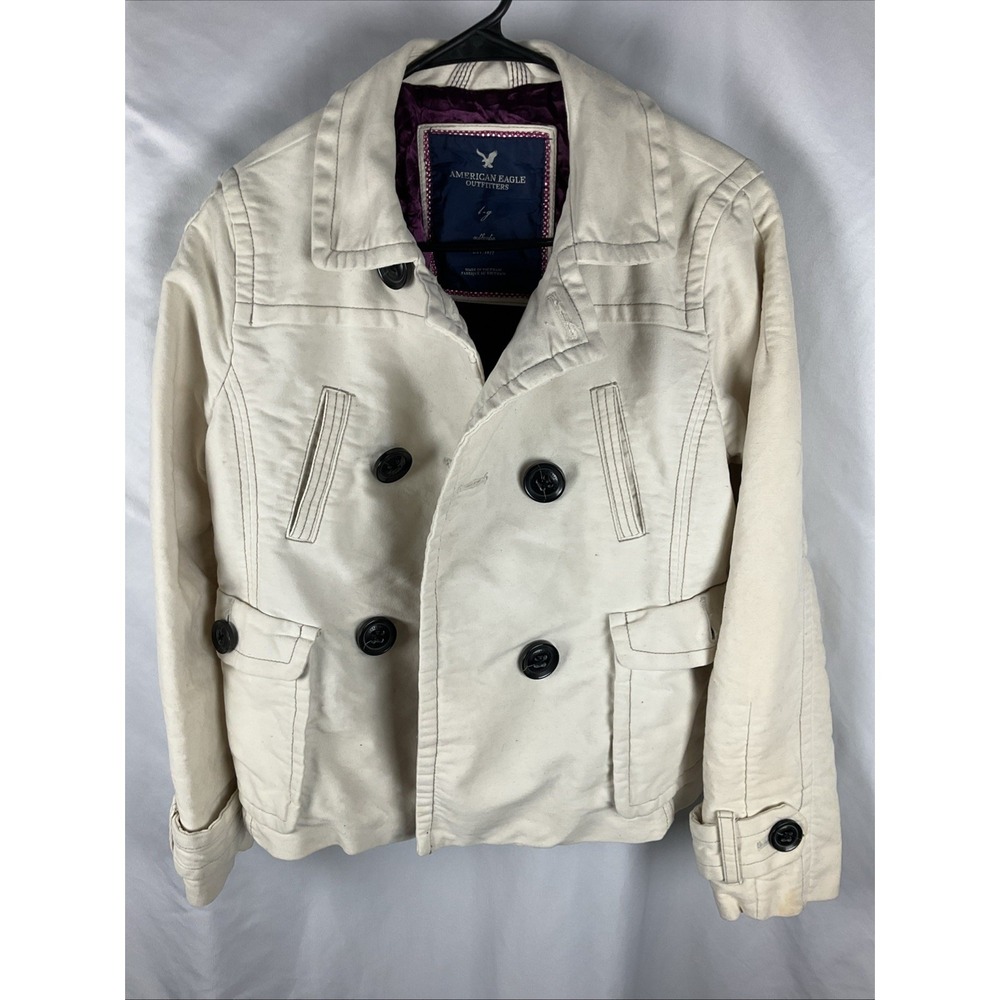 Vintage American Eagle Women's Large Pea Coat Cream Ivory Large Buttons Jacket